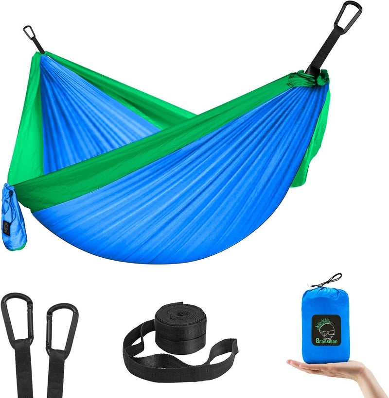 Grassman Kids Hammock-Small Camping hammocks, Portable Camping Gear for Child Indoor/Outdoor use, with Tree Straps & Carabiners Blue & Green - Image 1